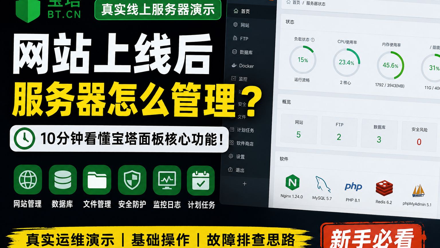 网站上线后服务器怎么管理?10分钟看懂宝塔面板所有核心功能!
