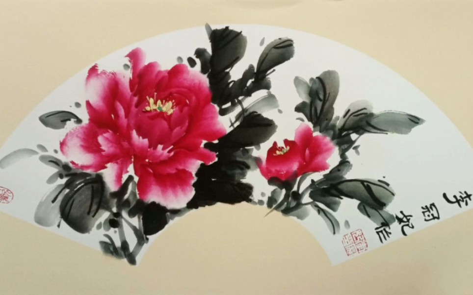扇面卡纸写意牡丹