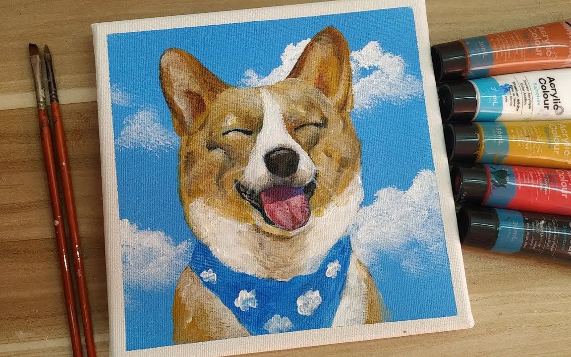 【丙烯画】【绘画教程】如何画威尔士柯基犬-how to paint a dog.