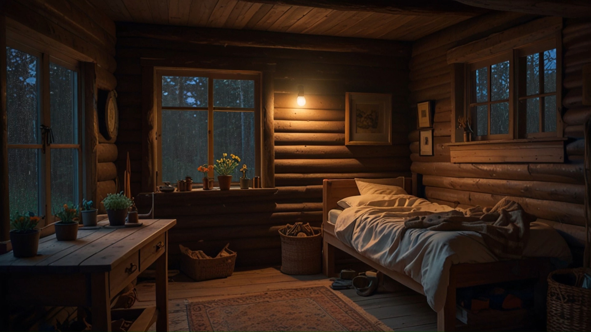 暴雨中山间木屋,屋内花香四溢,窗外瓢泼大雨,身临其境的安全感