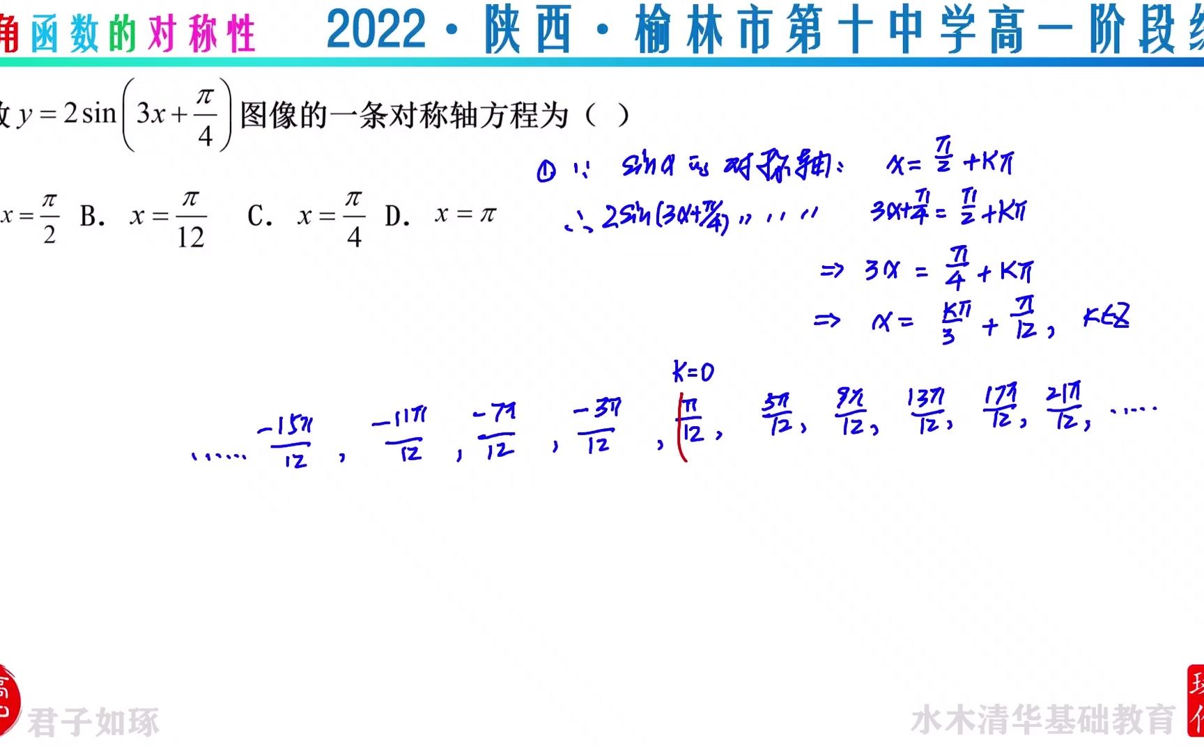 三角函数的对称性 2022陕西榆林市第十中学高一阶段练习哔哩哔哩bilibili