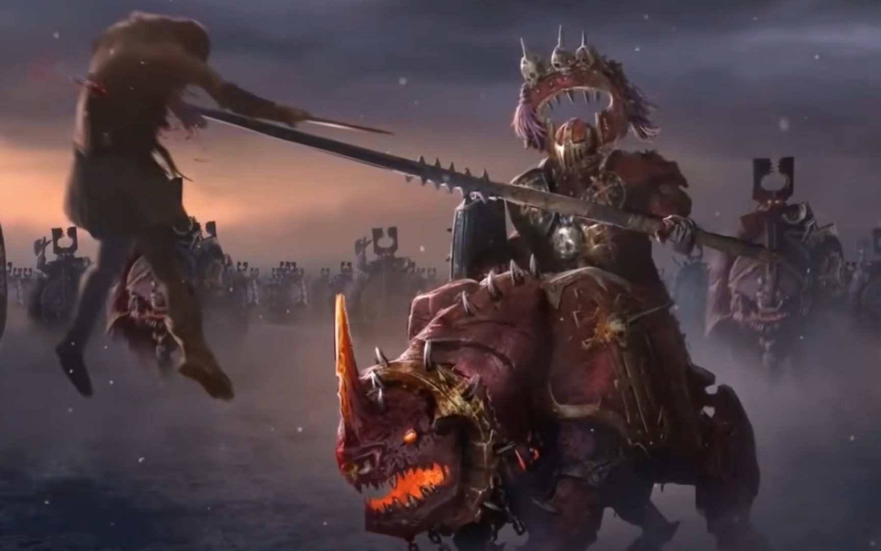 凶残的骑士身披地狱盔甲,骑乘恶魔坐骑,为恐虐血洗天下——恐虐碾颅者