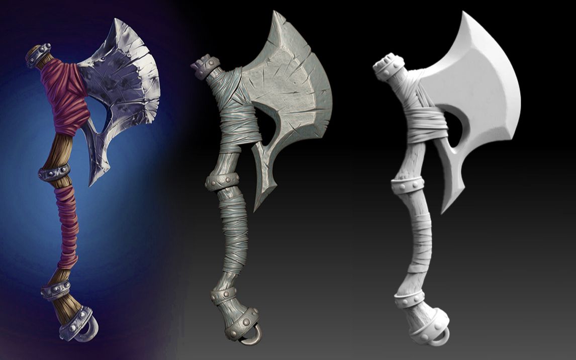 【3d游戏建模】新手入门"斧头"全流程制作,低模布线,高模雕刻,绑带