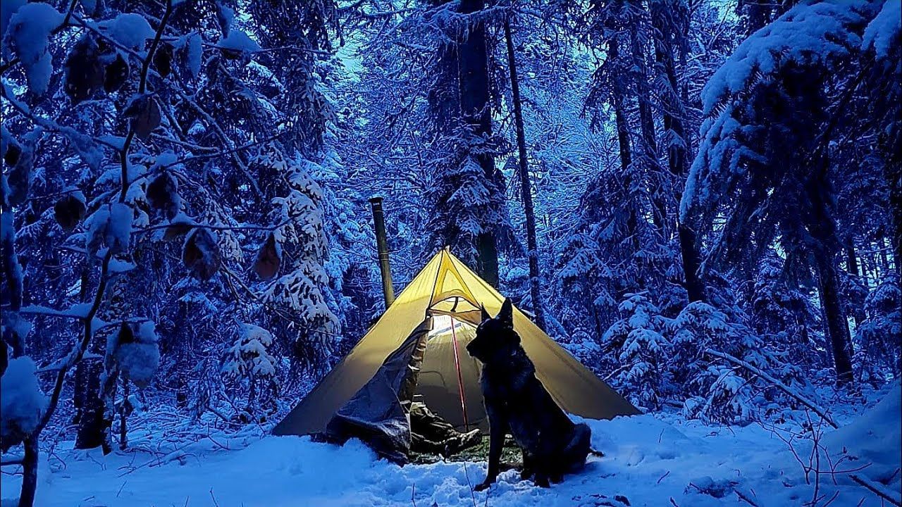 热帐篷丛林冬季露营| 荒野户外烹饪.野营