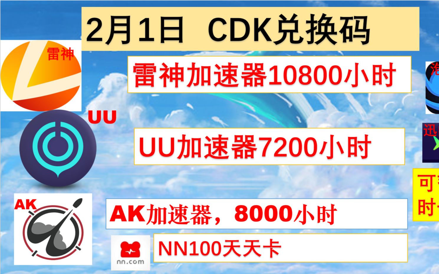 2月1日UU加速器免费7200小时兑换码!雷神10800小时兑换码!AK8000小时兑换码!迅游365天兑换码!免费加速器CDK哔哩哔哩bilibili