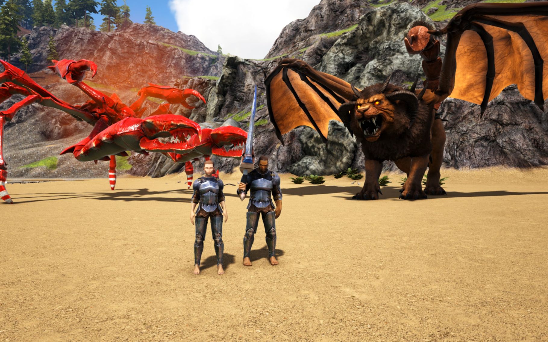 方舟生存进化-恐龙扮演 变身狮身蝎尾兽vs燃烧姐变身精英大螃蟹 谁能