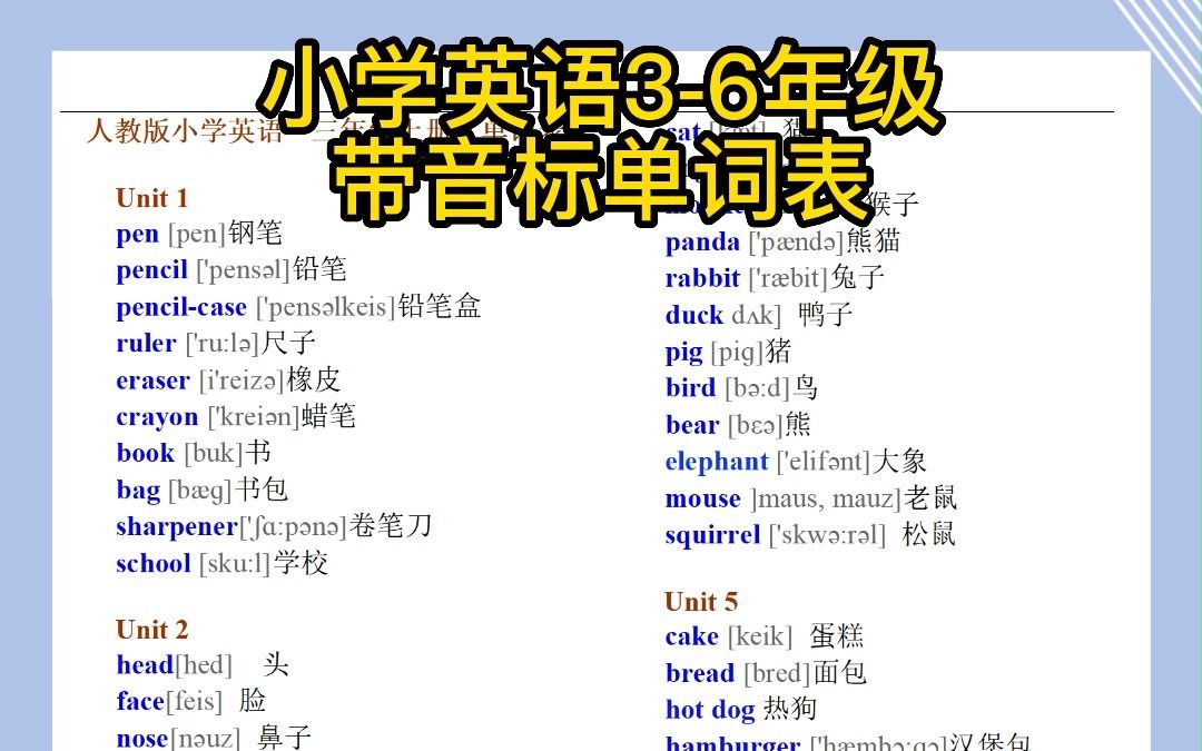 小学英语36年级带音标单词表哔哩哔哩bilibili