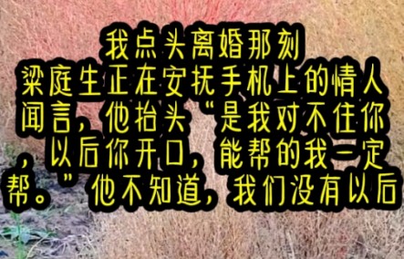 我点头离婚那刻,粱庭生正在安抚手机上的情人.闻言,他抬头:“是我对不住你,以后你开口,能帮的我一定帮.”人人都艳羡,我与粱庭生十八岁相相...