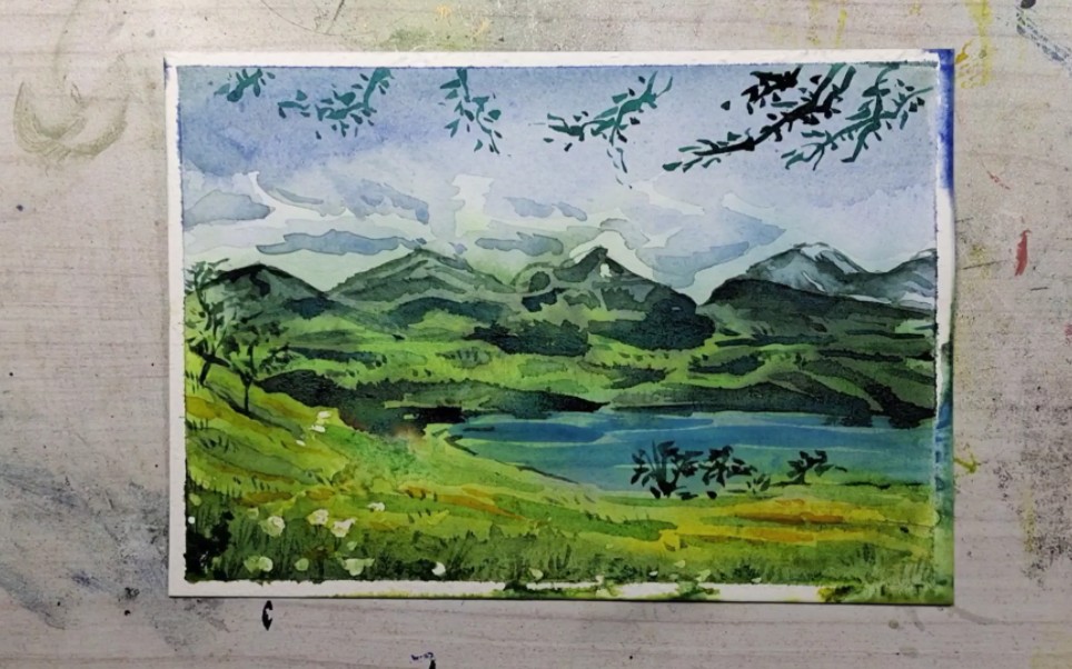 自学水彩:山坡风景