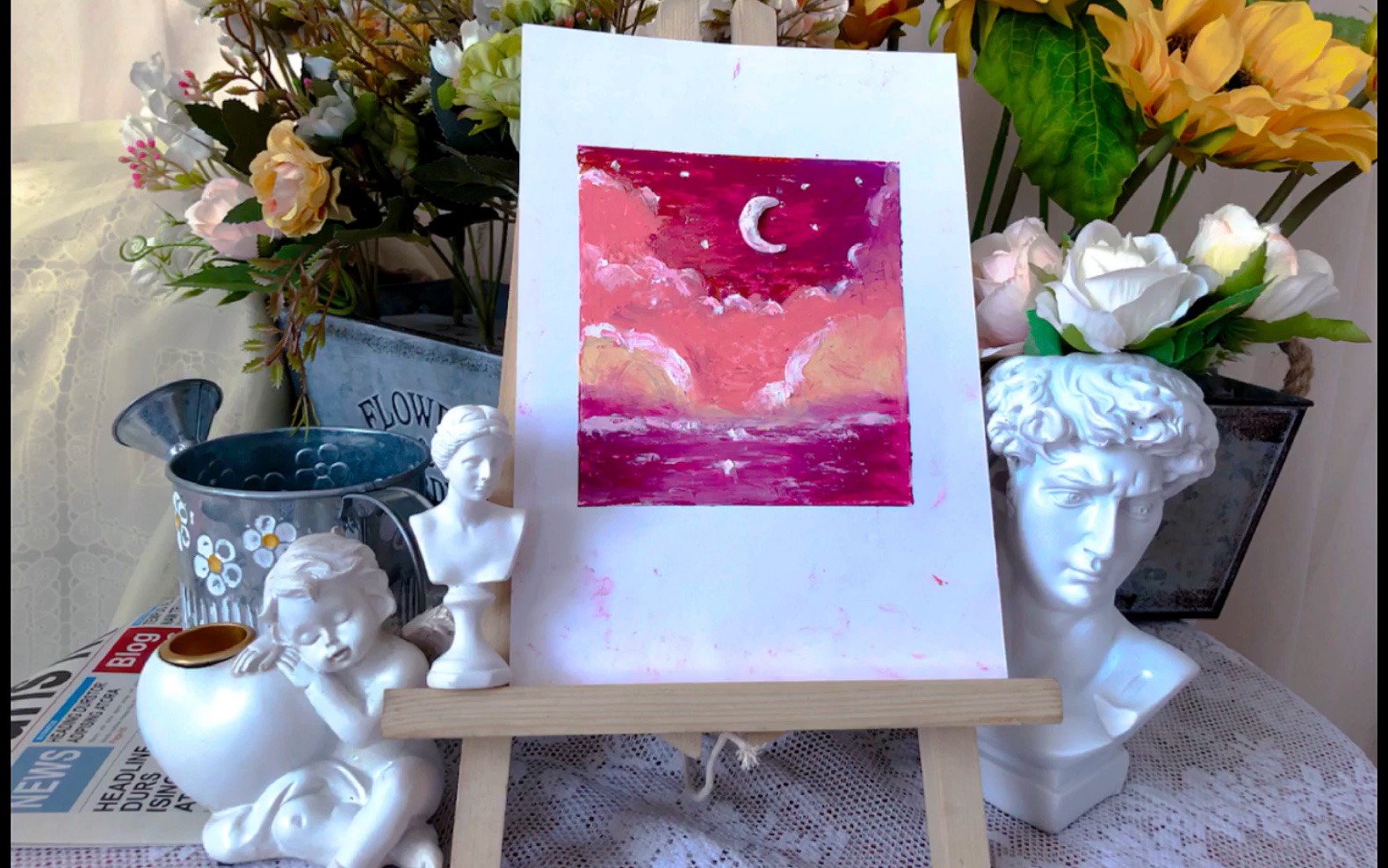 油画棒新手向绘画粉色夕阳手残也能画