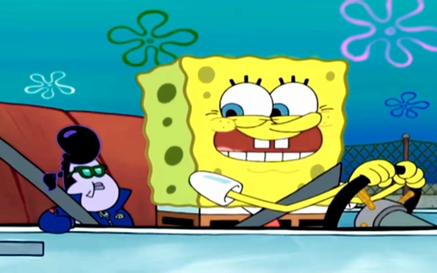 海绵宝宝太牛了,开车时紧张,直接来了个飘逸超车!