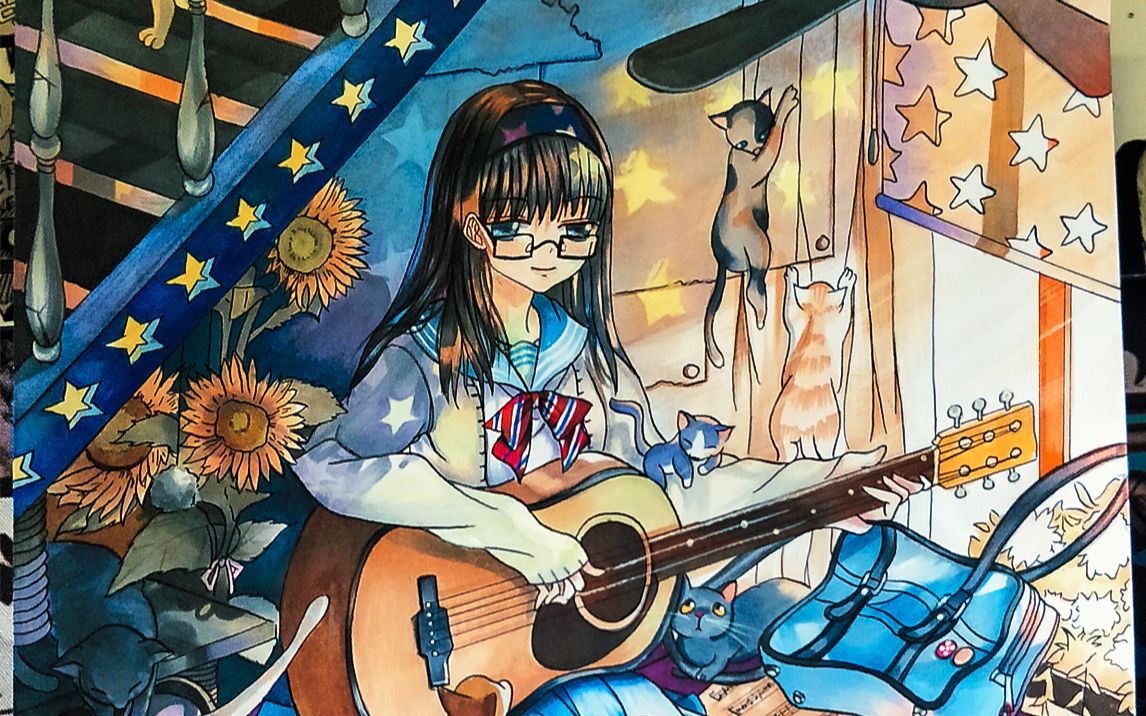 【马克笔手绘】可爱小姐姐在线弹吉他啦