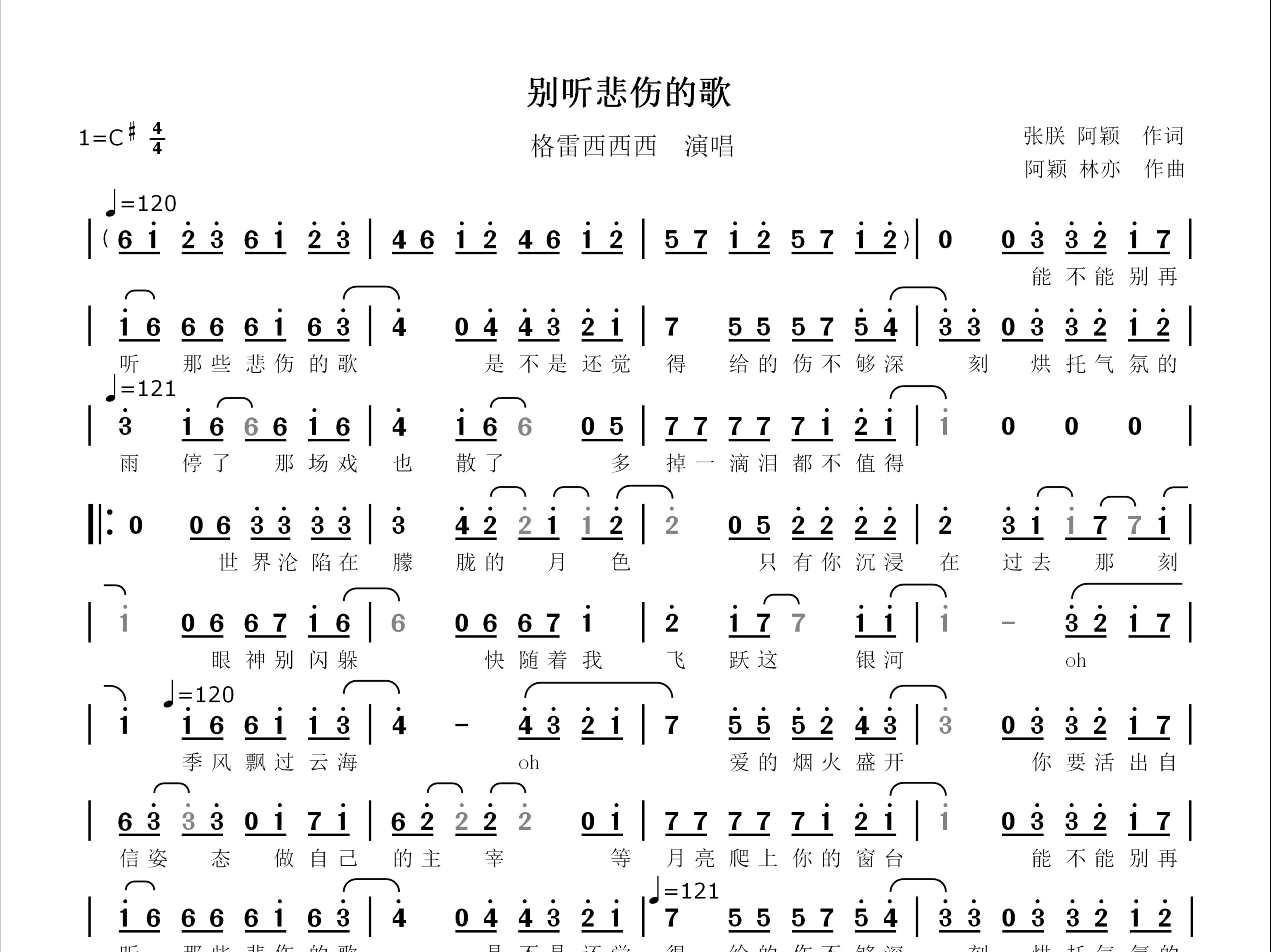 【网络热歌】别听悲伤的歌--格雷西西西演唱--动态简谱