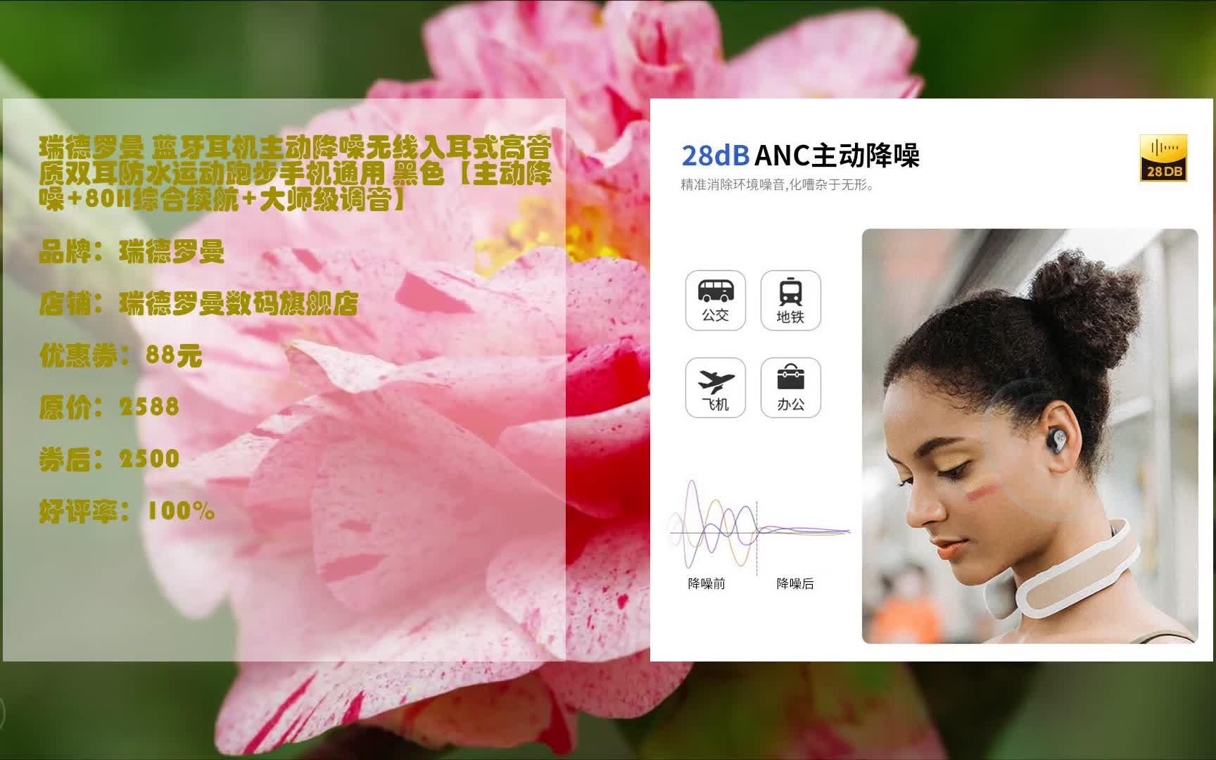 独家优惠,爽到心里瑞德罗曼 蓝牙耳机主动降噪无线入耳式高音质双耳