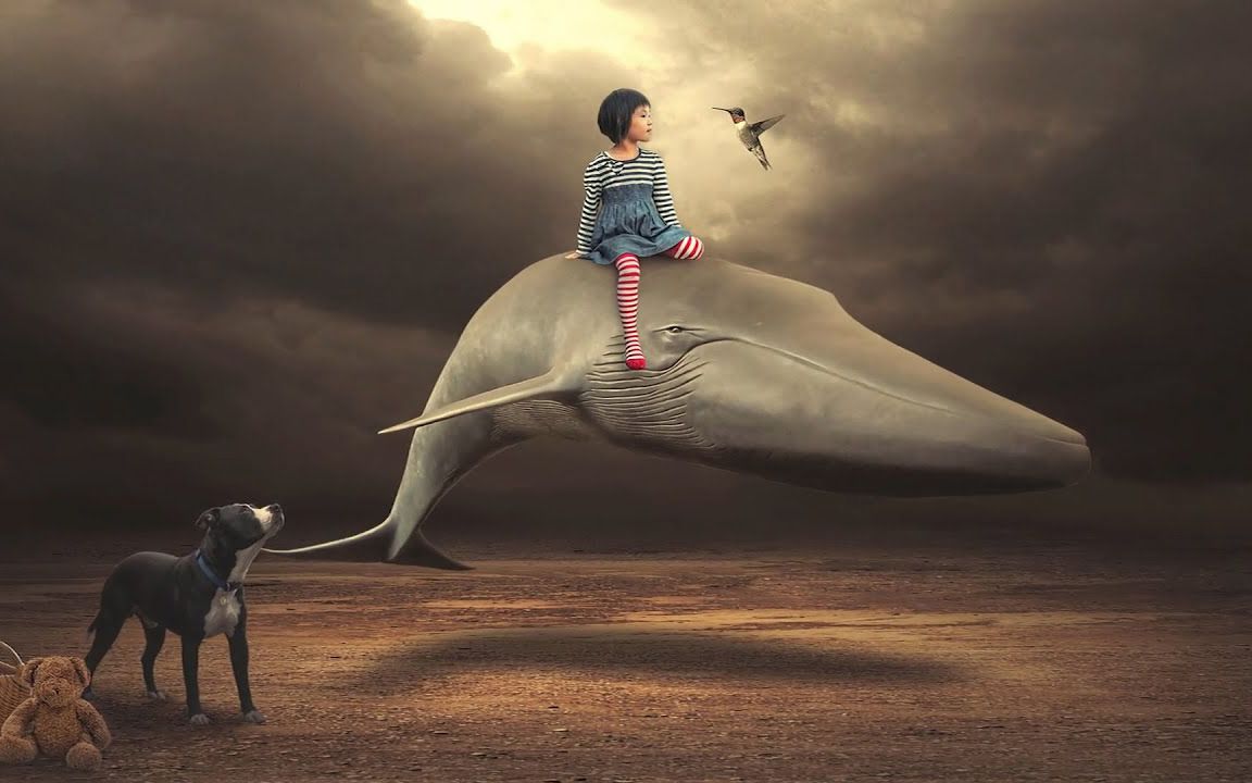 photoshop 合成:033 骑鲸遛狗