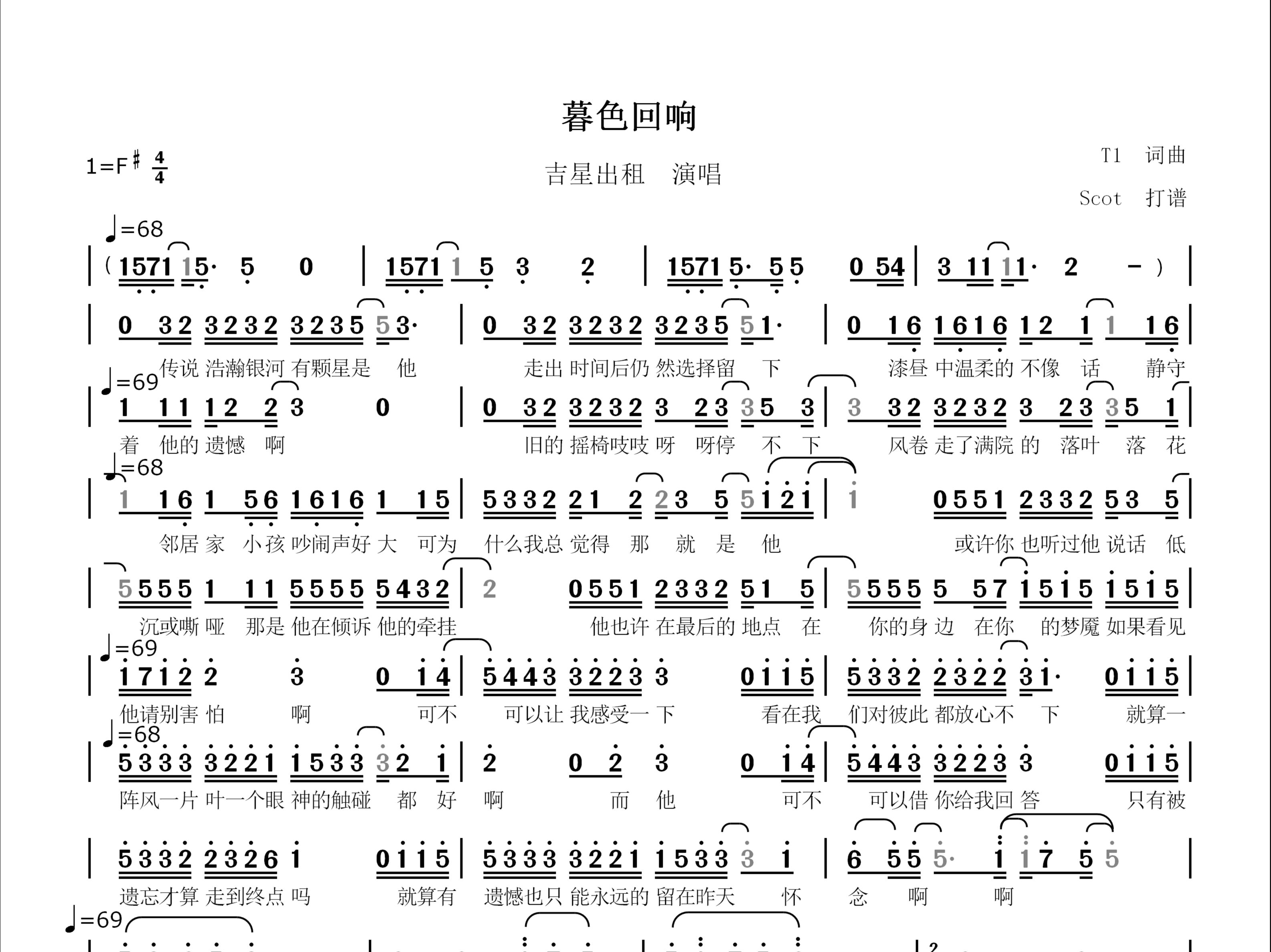 [图]【抖音热歌】暮色回响-吉星出租演唱--动态简谱