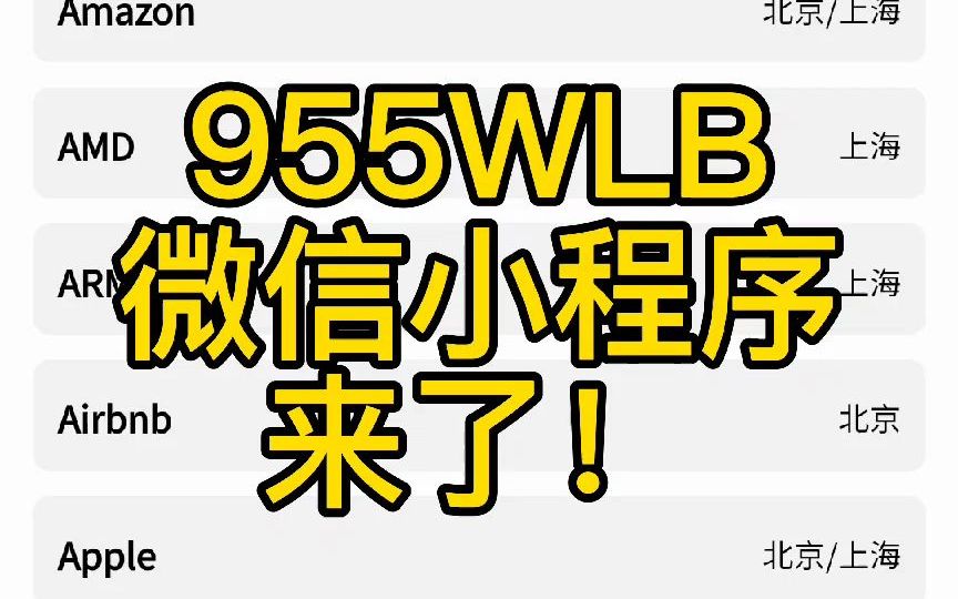 955WLB 微信小程序来了!让大家可以实时查看 955 公司名单,最近还增加了按城市筛选的功能!哔哩哔哩bilibili