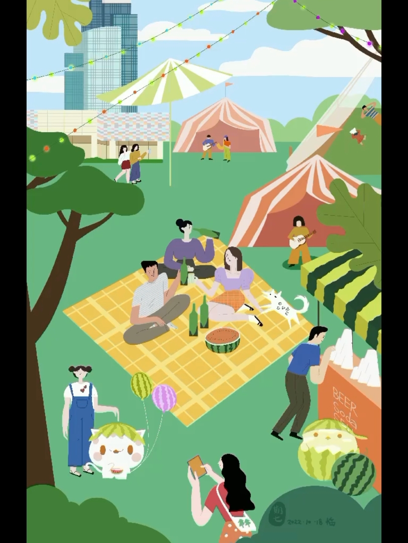 扁平风插画室外场景露营