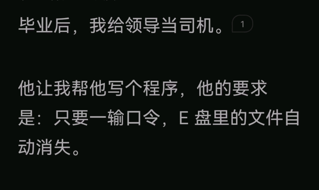 毕业后,我给领导当司机.他让我帮他写个程序,他的要求是:只要一输口令, E 盘里的文件自动消失.哔哩哔哩bilibili