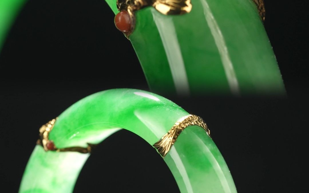 手镯修复设计 满绿翡翠手镯修复镶嵌 双鱼