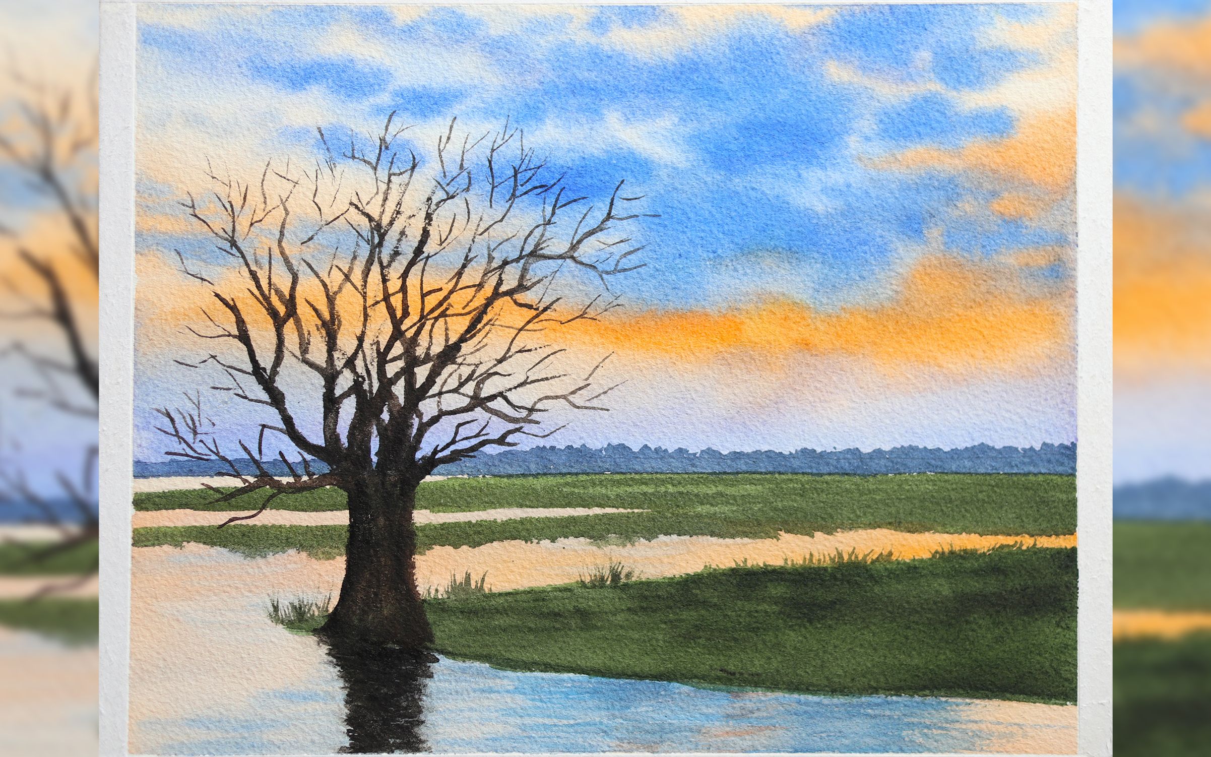 【简单水彩教程】黄昏时分的乡村景色 水彩画新手教程