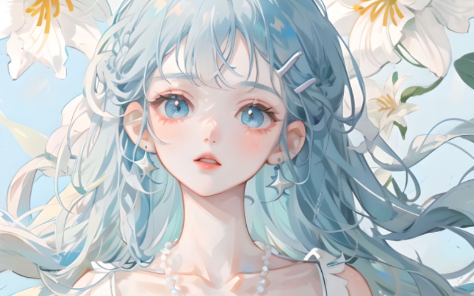 绝美的蓝发少女,百合,星辰,羽毛