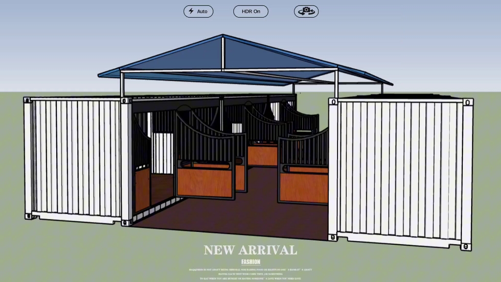 集装箱马棚设计,马棚,办公室以及仓库三合一,中间是长长的走廊,走廊的