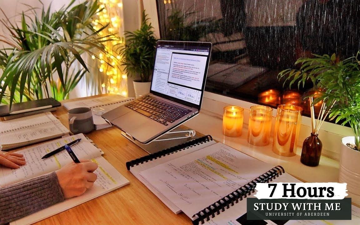 [图]【Merve】7 HOUR STUDY WITH ME on a RAINY NIGHT | Background noise, 10-min Break,