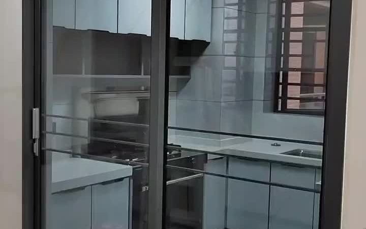 欧派两轨推拉门宝蓝灰铝合金边框欧洲灰双层中空钢化玻璃欧派克五金