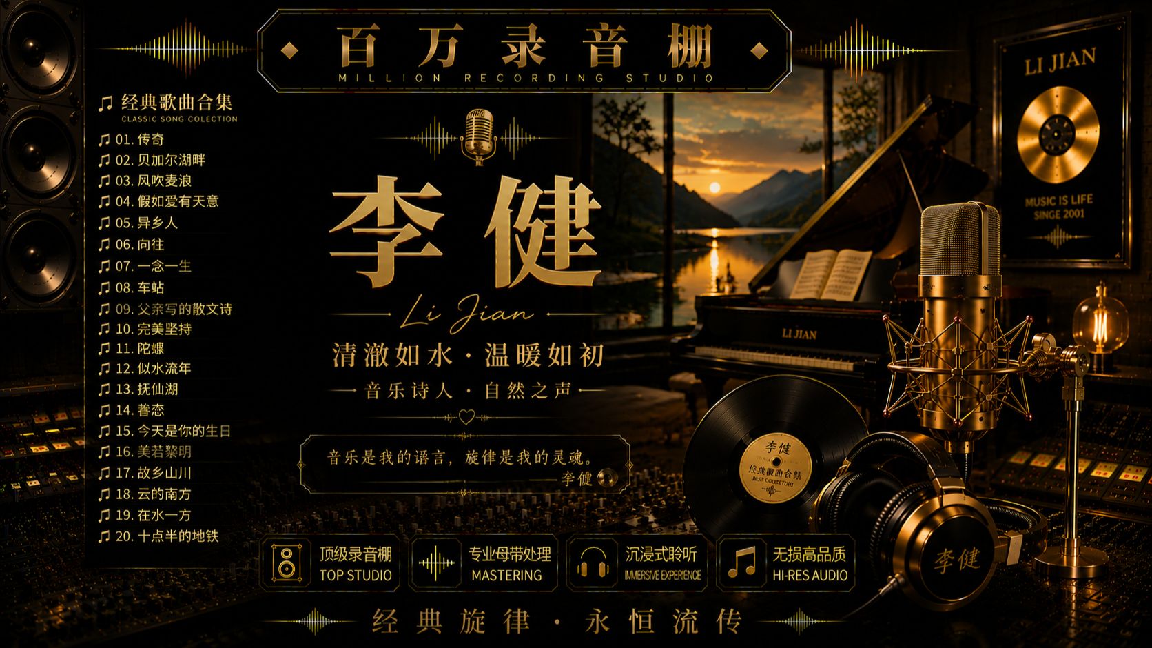 在百万豪装录音棚听【李健】经典歌曲合集，【Hi-Res无损音质】，可后台播放，沉浸式放松听歌，开车自习室歌单