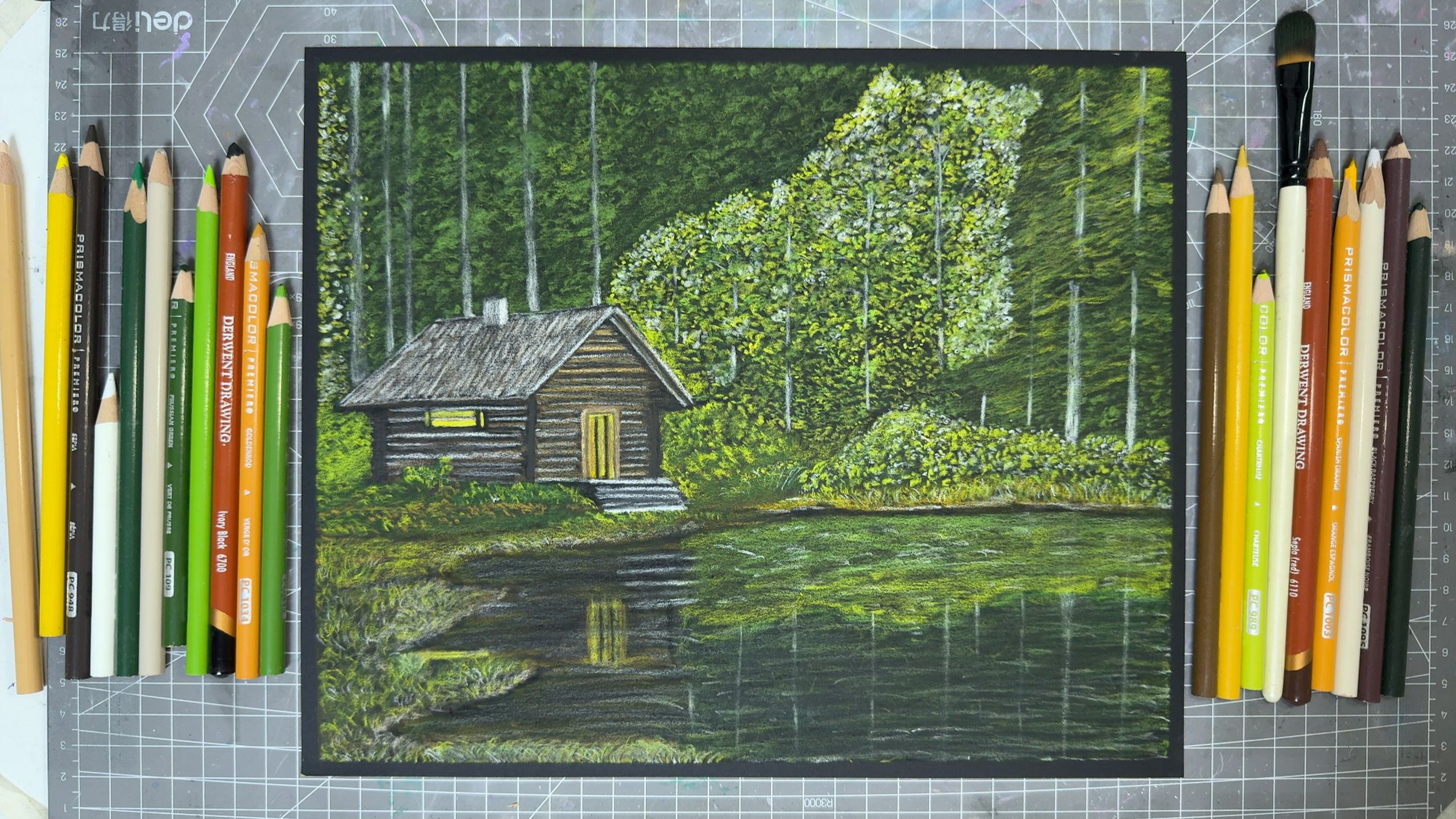 彩铅风景画《林中小筑》