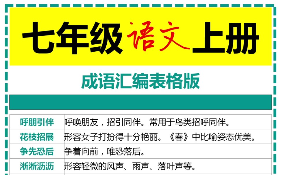 七年级语文上册成语汇编表格版哔哩哔哩bilibili