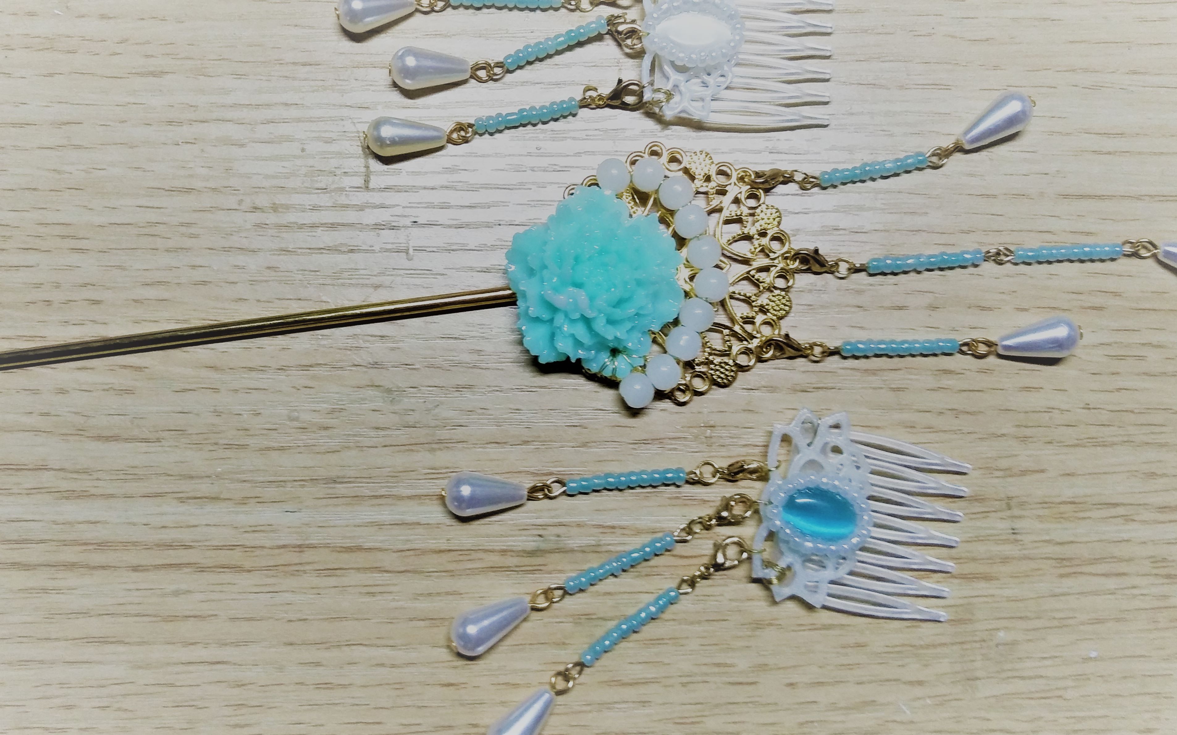 【发簪】猫眼石对簪滴胶花发簪