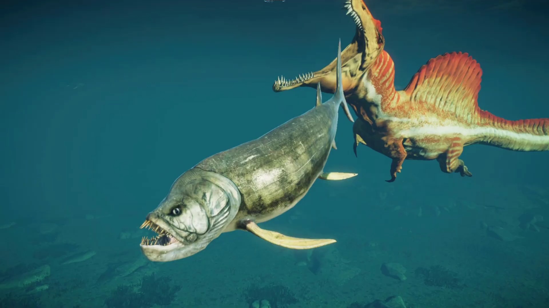 侏罗纪恐龙大战:棘龙在水下攻击巨齿鲨