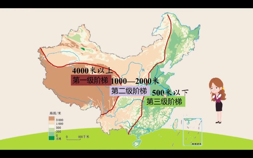 [图]中国地势、河流、地势概念、三级阶梯、4000米、1000米至2000米、500米、分界线、练习（5分）