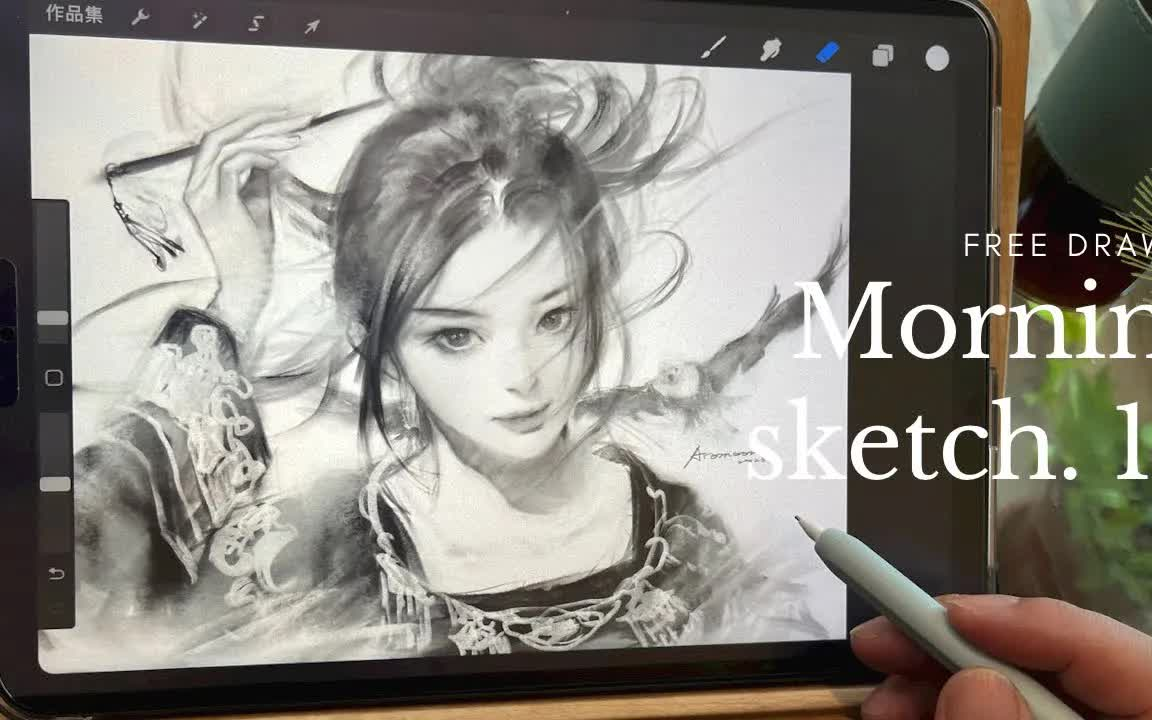 [图]【沉浸式ipad绘画】procreate基础练习，古风人物长线条练习，头发线条