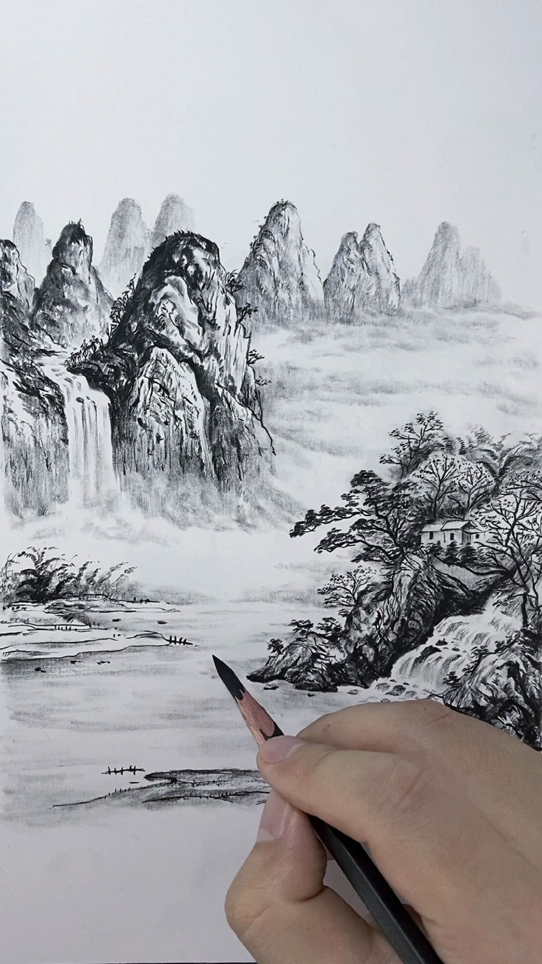 碳素笔画山水图片