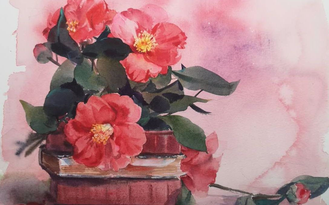 [图]阿俏水彩教程——作品《红茶花》背景湿画处理，花瓣层层叠叠的刻画，新年祝大家红红火火哦！