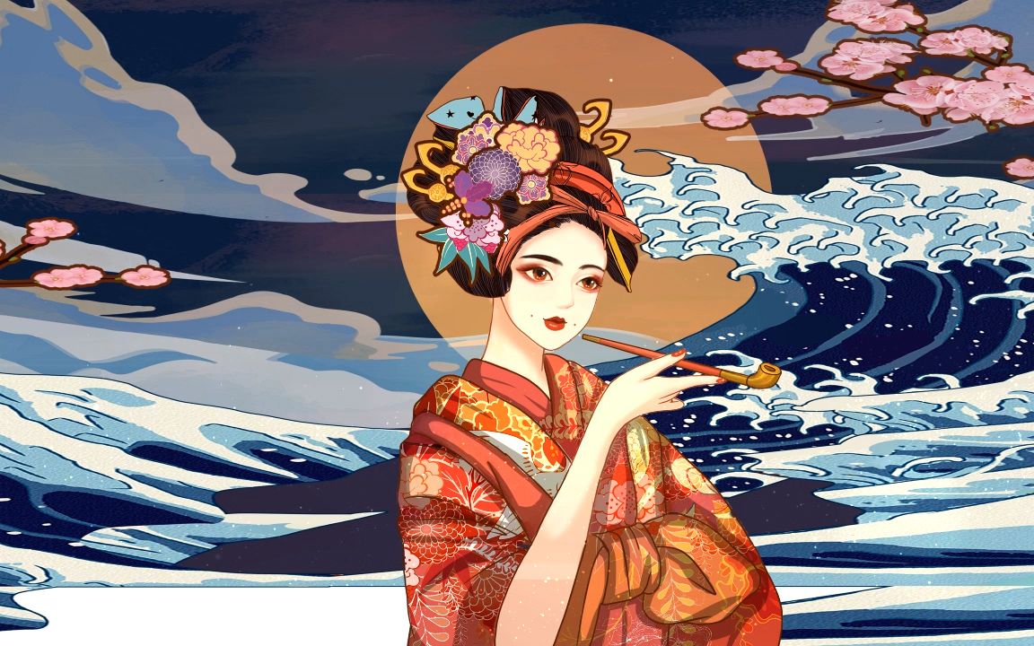 日式海浪樱花花魁美女