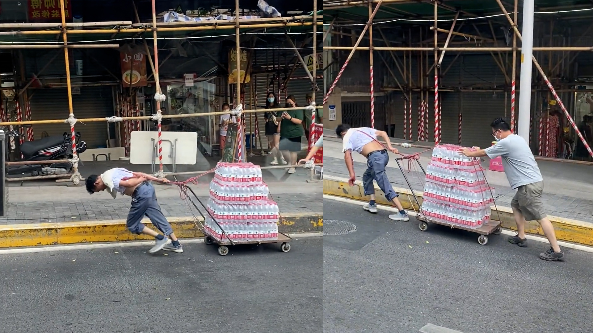 男子高温拉重物爬坡路人见后主动帮忙网友最好的言传身教