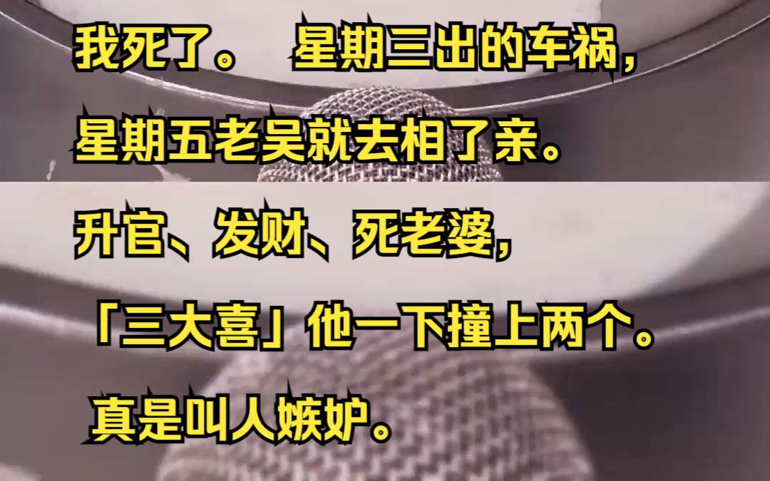 我死了. 星期三出的车祸,星期五老吴就去相了亲.升官、发财、死老婆,「三大喜」他一下撞上两个. 真是叫人嫉妒.知乎小说推荐《落败为家》哔哩哔...