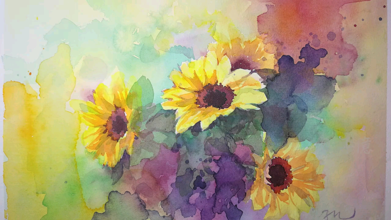 水彩过程胡乱叠色的向日葵