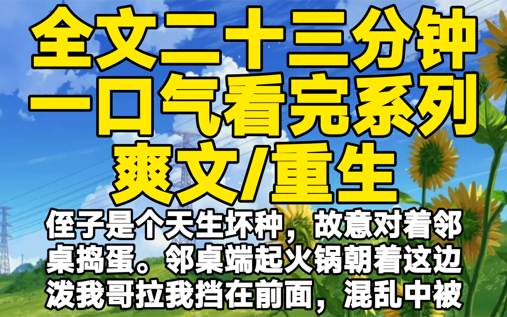 【全文已完结】侄子是个天生坏种,故意对着邻桌捣蛋.邻桌端起火锅朝着这边泼我哥拉我挡在前面.混乱中被乱刀砍死.重生后,我找了借口溜了.哔哩...