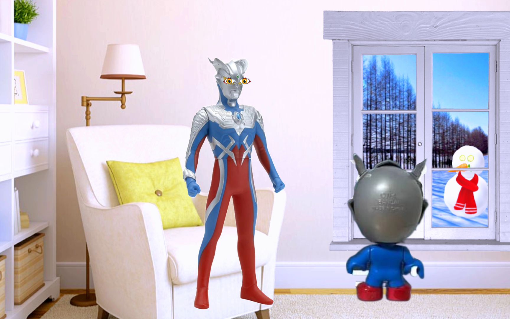 下雪了,小奥特曼们堆了一个大雪人