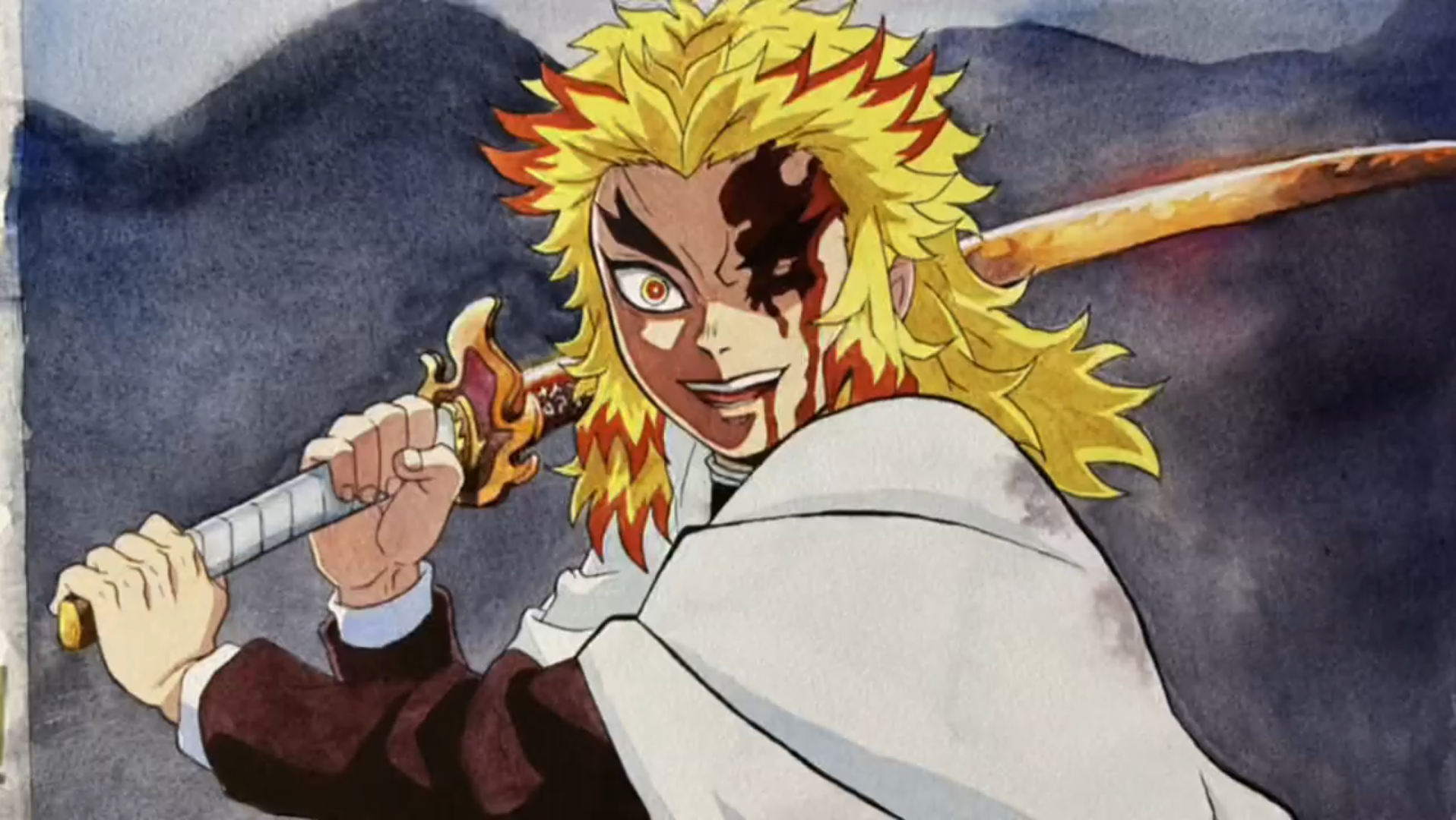 鬼灭之刃 炎柱炼狱杏寿郎 鬼灭之刃无限列车 杏寿郎 水彩 手绘