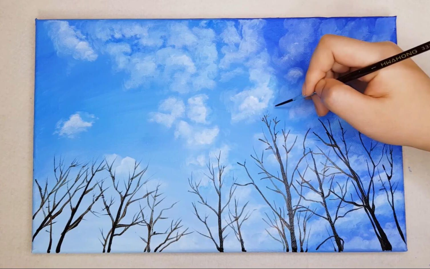 【丙烯画】【绘画教程】蓝天白云和树-acrylic painting clouds and