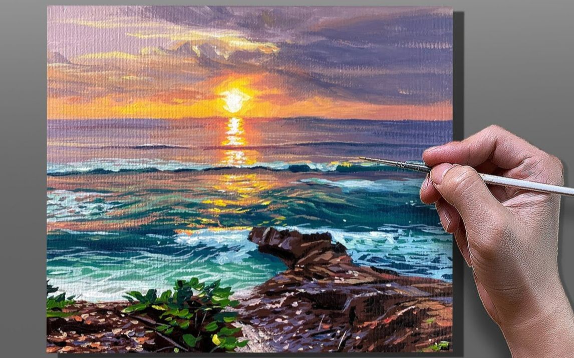 彩铅风景画日落和大海图片
