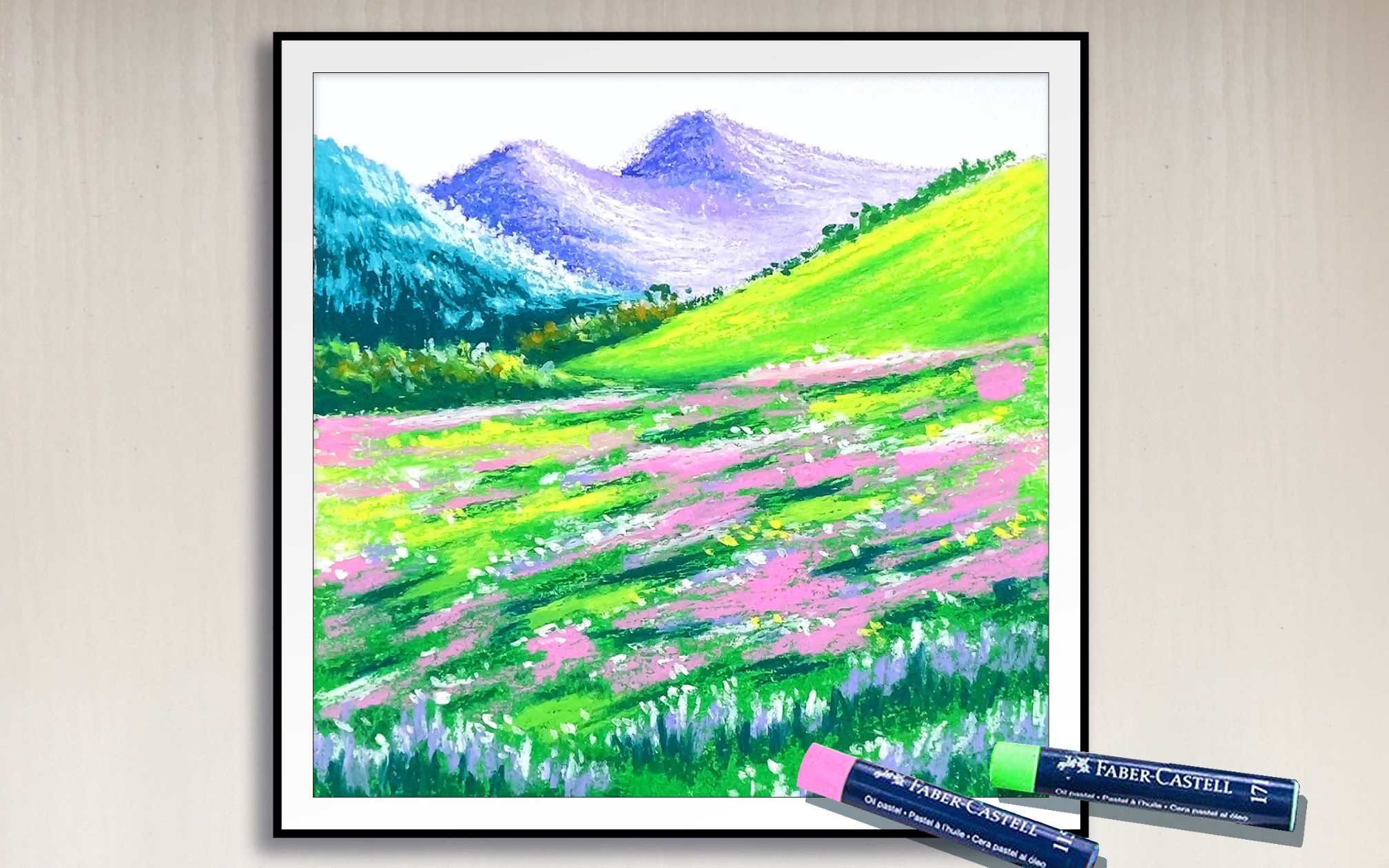 油画棒风景用油画棒画开满花的山坡风景,完整手绘过程分享哔哩哔哩bilibili