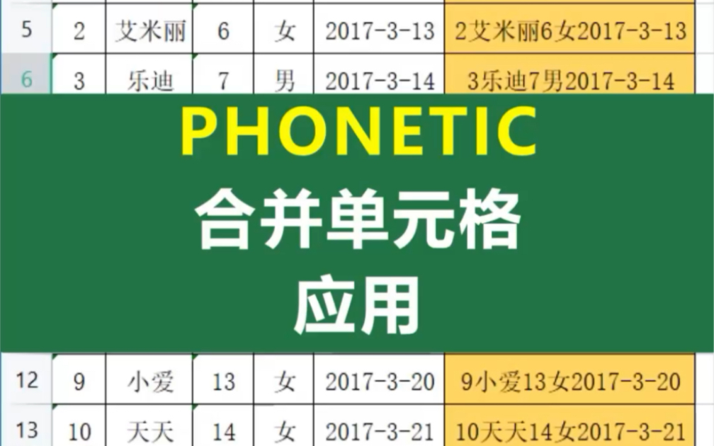 PHONETIC函数,合并单元格的应用