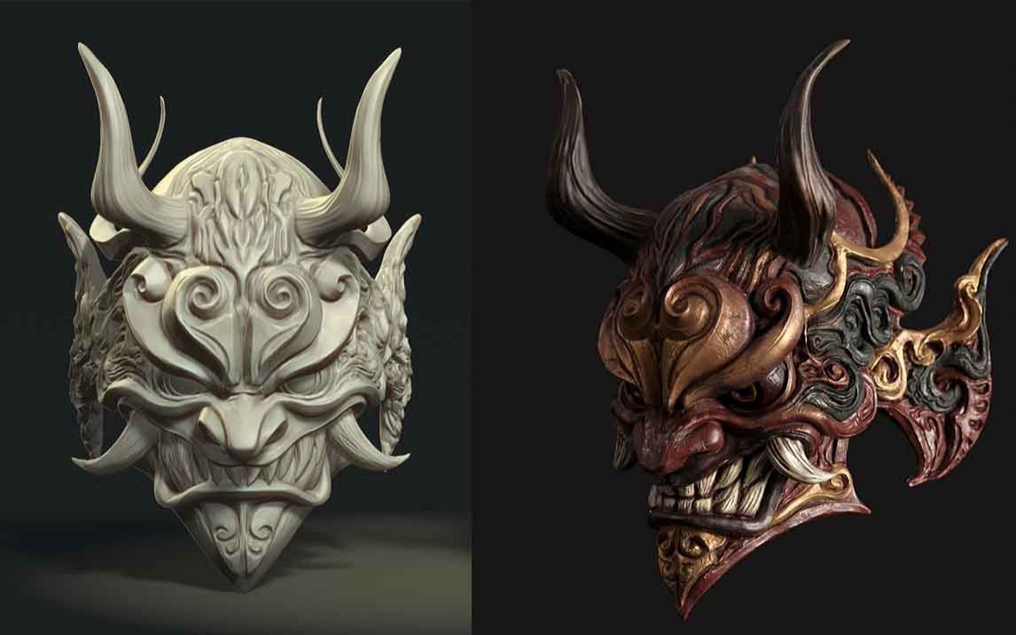 般若面具雕刻!【zbrush建模】全流程讲解,超细节!